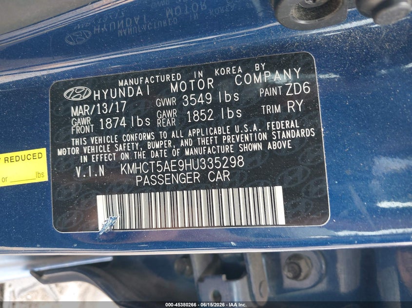 2017 Hyundai Accent VIN KMHCT5AE9HU335298 IAAI salvage auction — FRONT END, Salvage (Georgia), sold $600 on 2026-07-15 (photo 9)