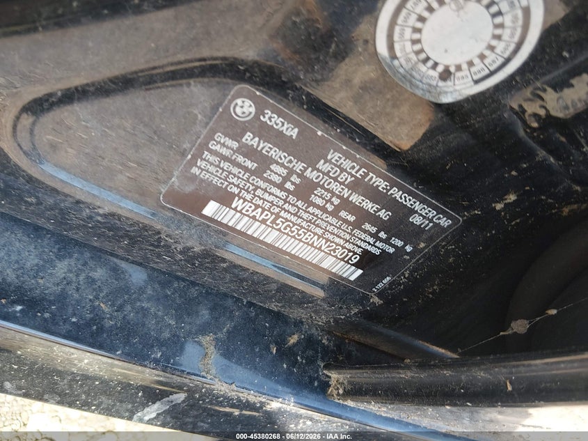 2011 BMW 3 series VIN WBAPL5G55BNN23019 IAAI salvage auction — FRONT END, Bill Of Sale (New York), sold $25 on 2026-07-21 (photo 9)