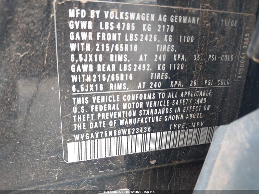 2009 Volkswagen Tiguan VIN WVGAV75N89W523436 IAAI salvage auction — NORMAL WEAR, Original (Texas), sold $175 on 2026-07-14 (photo 9)
