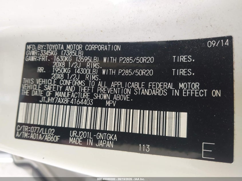 2015 Lexus Lx VIN JTJHY7AX8F4164403 IAAI salvage auction — FRONT END, Salvage (Louisiana), sold $18,700 on 2026-07-19 (photo 9)