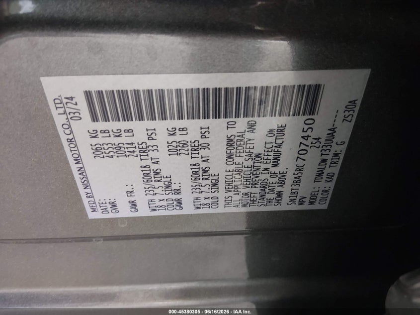 2024 Nissan Rogue VIN 5N1BT3BA5RC707450 IAAI salvage auction — FRONT END, Wait Title, sold $7,800 on 2026-08-03 (photo 9)