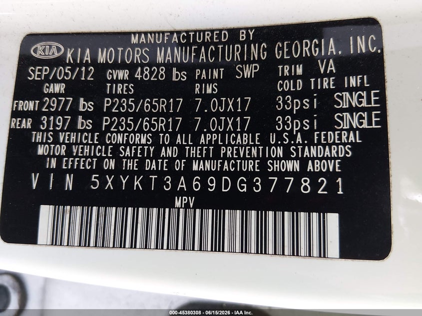 2013 Kia Sorento VIN 5XYKT3A69DG377821 IAAI salvage auction — NORMAL WEAR, Clear (Florida), sold $950 on 2026-07-14 (photo 9)