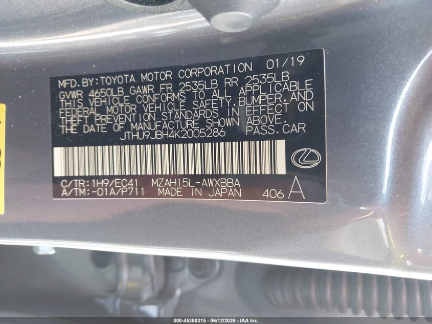 2019 Lexus Ux VIN JTHU9JBH4K2005286 IAAI salvage auction — FRONT END, Salvage Title, sold $2,050 on 2026-07-30 (photo 9)