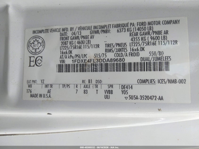 2013 Ford VIN 1FDXE4FL3DDA89680 IAAI salvage auction — FRONT END, Salvage Title, sold $850 on 2026-08-15 (photo 9)