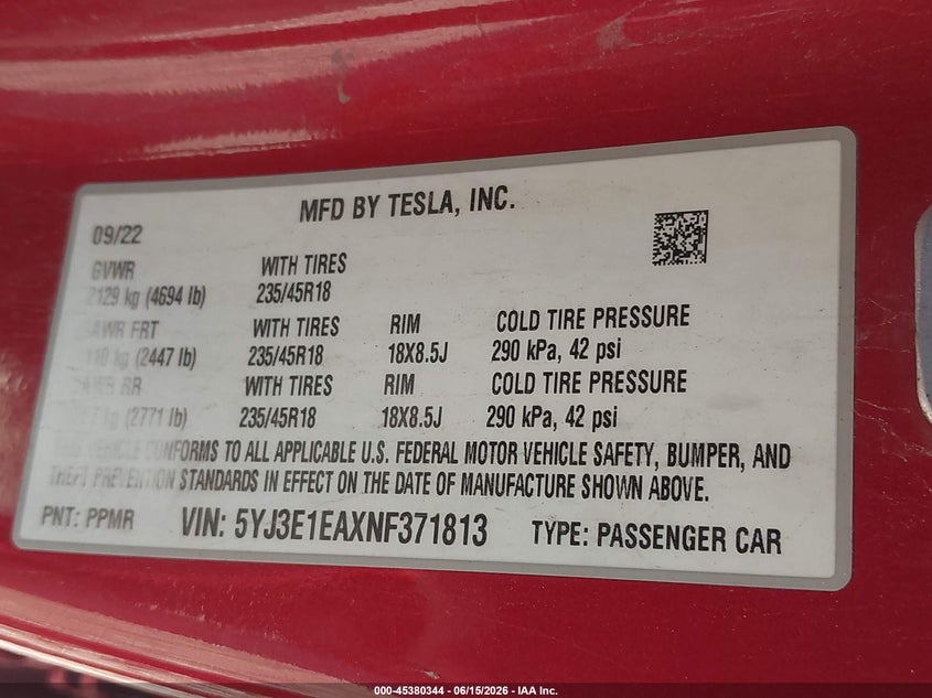 2022 Tesla Model 3 VIN 5YJ3E1EAXNF371813 IAAI salvage auction — REAR END, Salvage (Ohio), sold $6,375 on 2026-07-23 (photo 9)