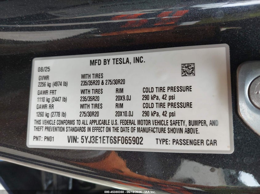 2025 Tesla Model 3 VIN 5YJ3E1ET6SF065902 IAAI salvage auction — FRONT END, Salvage Title, sold $20,750 on 2026-07-15 (photo 9)