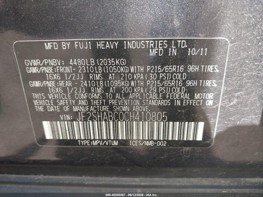 2012 Subaru Forester VIN JF2SHABC0CH410805 IAAI salvage auction — NORMAL WEAR, Clear (District Of Columbia), sold $275 on 2026-07-08 (photo 9)