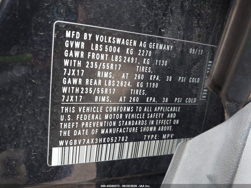 2017 Volkswagen Tiguan VIN WVGBV7AX3HK052782 IAAI salvage auction — SIDE, Salvage (Ohio), sold $2,100 on 2026-07-30 (photo 9)