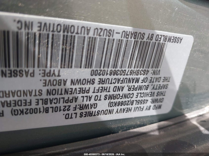 2003 Subaru Outback VIN 4S3BH675036610200 IAAI salvage auction — NORMAL WEAR, Clear (Utah), sold $325 on 2026-07-09 (photo 9)