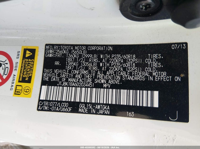 2013 Lexus Rx VIN JTJBK1BA6D2034451 IAAI salvage auction — LEFT SIDE, Salvage (South Carolina), sold $4,000 on 2026-07-29 (photo 9)