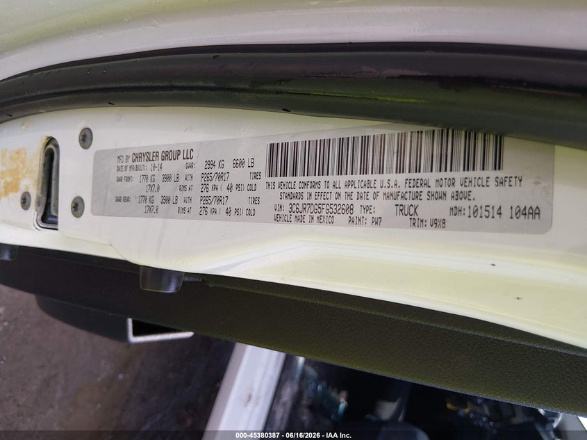 2015 Ram 1500 VIN 3C6JR7DG5FG532608 IAAI salvage auction — HAIL, Salvage (Kansas), sold $225 on 2026-07-24 (photo 9)