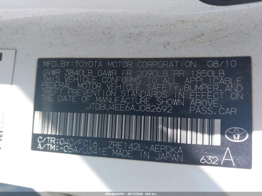 2010 Toyota Corolla VIN JTDBU4EE6AJ082692 IAAI salvage auction — NORMAL WEAR, Clear - Dealer Only (California), sold $1,050 on 2026-07-13 (photo 9)