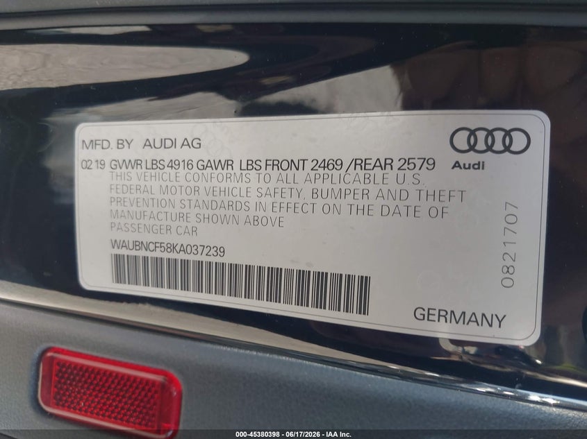 2019 Audi A5 VIN WAUBNCF58KA037239 IAAI salvage auction — SIDE, Salvage (Connecticut), sold $7,450 on 2026-07-16 (photo 9)