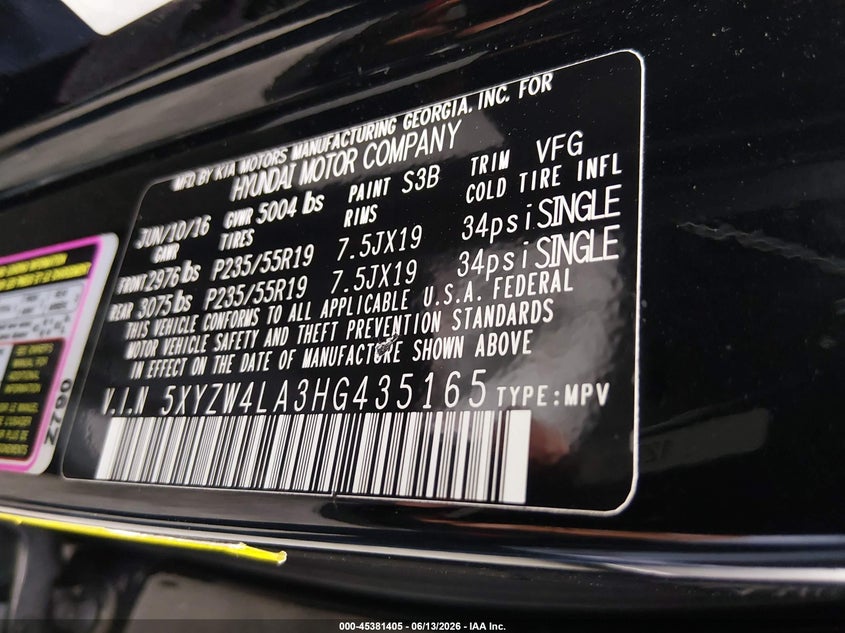 2017 Hyundai Santa fe VIN 5XYZW4LA3HG435165 IAAI salvage auction — FRONT END, Salvage (California), sold $3,000 on 2026-07-05 (photo 9)