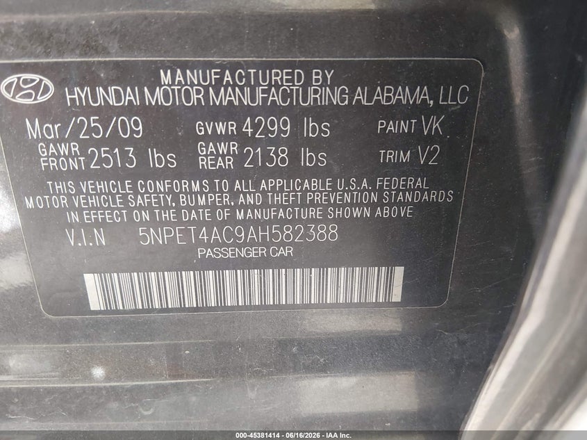 2010 Hyundai Sonata VIN 5NPET4AC9AH582388 IAAI salvage auction — REAR END, Salvage (Utah), sold $250 on 2026-07-23 (photo 9)