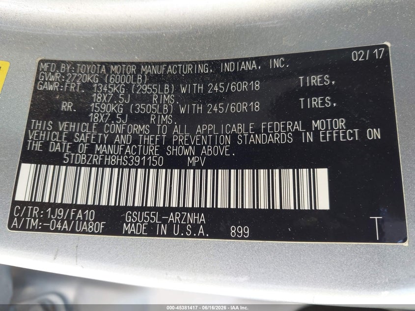2017 Toyota Highlander VIN 5TDBZRFH8HS391150 IAAI salvage auction — FRONT END, Salvage (Massachusetts), sold $7,150 on 2026-07-21 (photo 9)