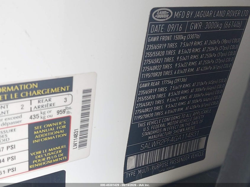 2016 Land rover Range rover sport VIN SALWR2PF4GA114831 IAAI salvage auction — NORMAL WEAR, Clear (Florida), sold $1,600 on 2026-07-29 (photo 9)