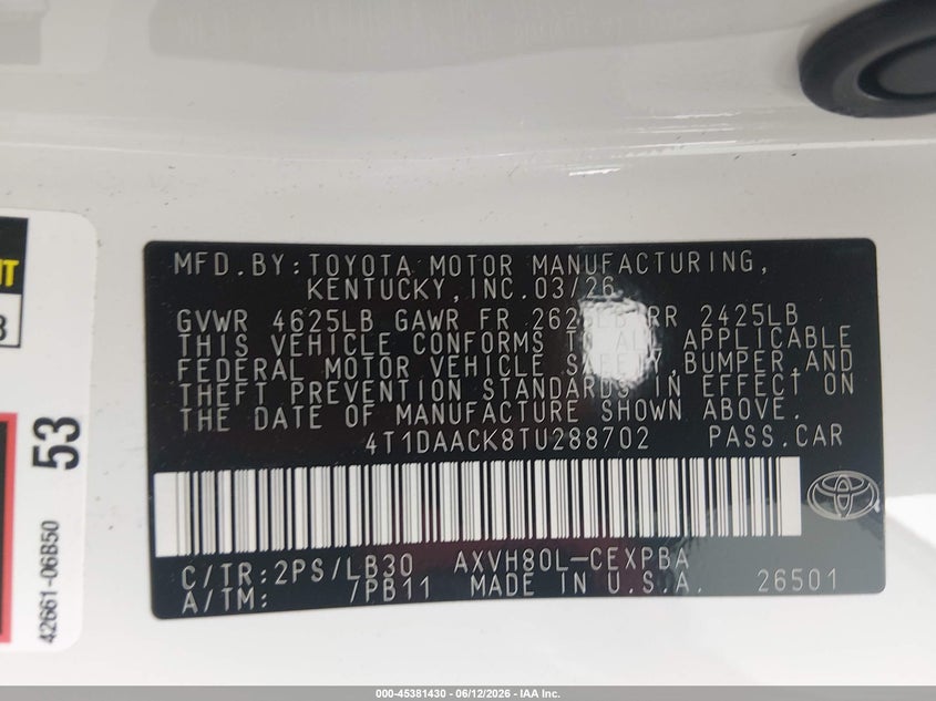 2026 Toyota Camry VIN 4T1DAACK8TU288702 IAAI salvage auction — ALL OVER, Salvage Title, sold $13,300 on 2026-07-29 (photo 9)