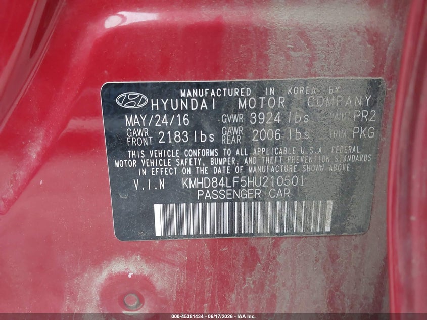 2017 Hyundai Elantra VIN KMHD84LF5HU210501 IAAI salvage auction — NORMAL WEAR, Clear (Washington), sold $1,425 on 2026-07-29 (photo 9)