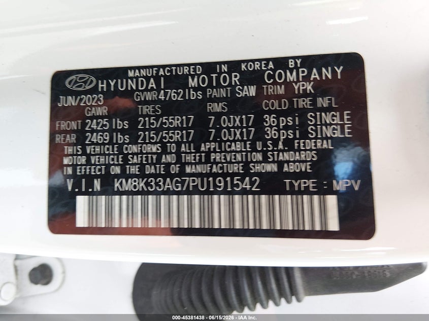2023 Hyundai Kona VIN KM8K33AG7PU191542 IAAI salvage auction — LEFT SIDE, Salvage Title, sold $1,550 on 2026-07-24 (photo 9)