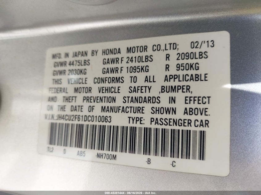2013 Acura Tsx VIN JH4CU2F61DC010063 IAAI salvage auction — WATER/FLOOD, Salvage (Indiana), sold $175 on 2026-07-23 (photo 9)