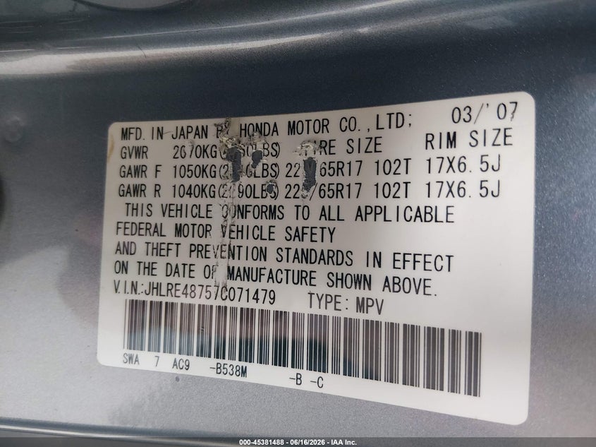 2007 Honda Cr-v VIN JHLRE48757C071479 IAAI salvage auction — LEFT FRONT, Bill Of Sale (Washington), sold $1,475 on 2026-07-29 (photo 9)