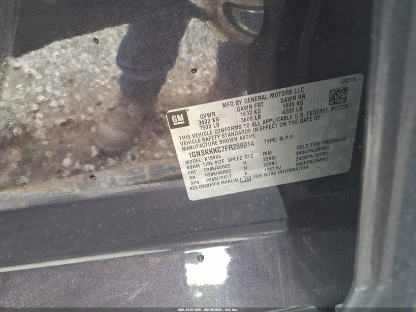 2015 Chevrolet Suburban VIN 1GNSKKKC7FR289914 IAAI salvage auction — FRONT END, Salvage (Georgia), sold $3,125 on 2026-08-01 (photo 9)