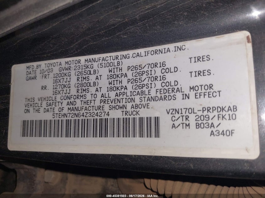 2004 Toyota Tacoma VIN 5TEHN72N64Z324274 IAAI salvage auction — SIDE, Salvage (Arizona), sold $2,700 on 2026-07-21 (photo 9)