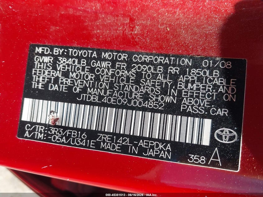2009 Toyota Corolla VIN JTDBL40E09J004852 IAAI salvage auction — SIDE, Salvage - Greater Than 75% (Maryland), sold $1,500 on 2026-07-08 (photo 9)