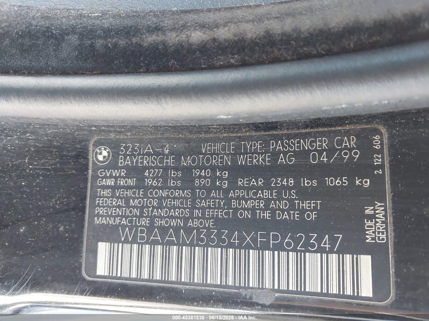 1999 BMW 3 series VIN WBAAM3334XFP62347 IAAI salvage auction — STORM DAMAGE, Salvage (North Carolina), sold $425 on 2026-07-16 (photo 9)