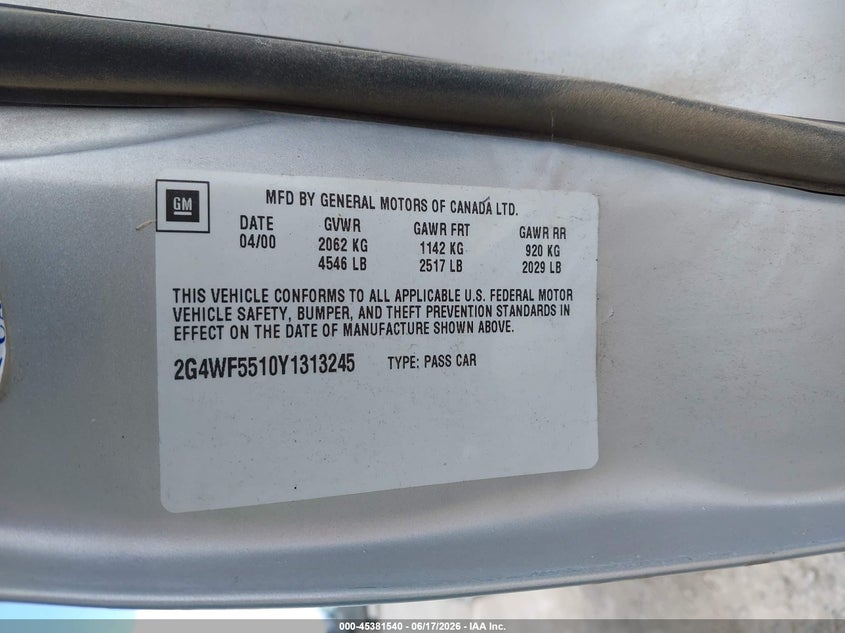 2000 Buick Regal VIN 2G4WF5510Y1313245 IAAI salvage auction — NORMAL WEAR, Clear (Montana), sold $150 on 2026-07-22 (photo 9)
