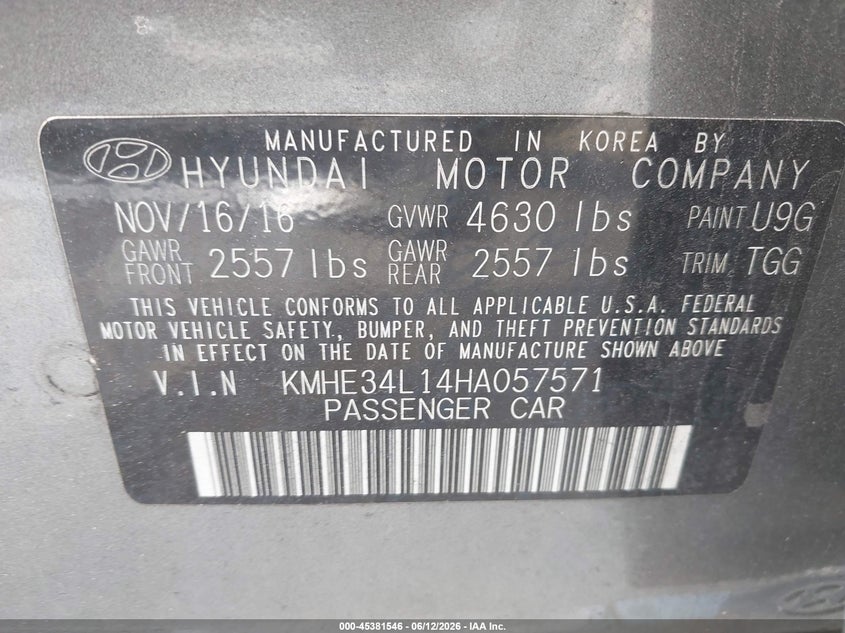 2017 Hyundai VIN KMHE34L14HA057571 IAAI salvage auction — FRONT END, Salvage Title, sold $675 on 2026-07-23 (photo 9)