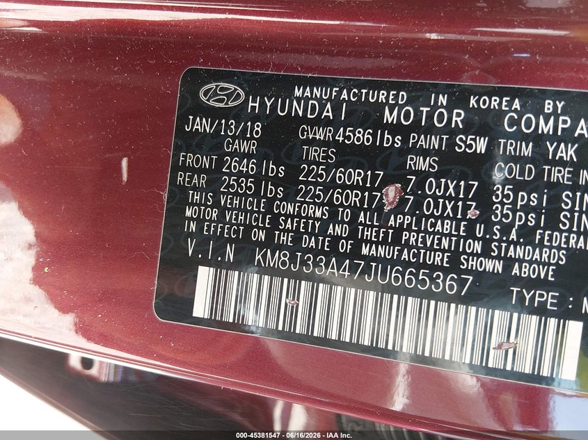 2018 Hyundai Tucson VIN KM8J33A47JU665367 IAAI salvage auction — REAR END, Salvage (North Carolina), sold $1,450 on 2026-07-27 (photo 9)