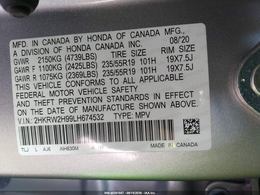 2020 Honda Cr-v VIN 2HKRW2H99LH674532 IAAI salvage auction — RIGHT FRONT, Salvage (New Jersey), sold $9,300 on 2026-08-01 (photo 9)