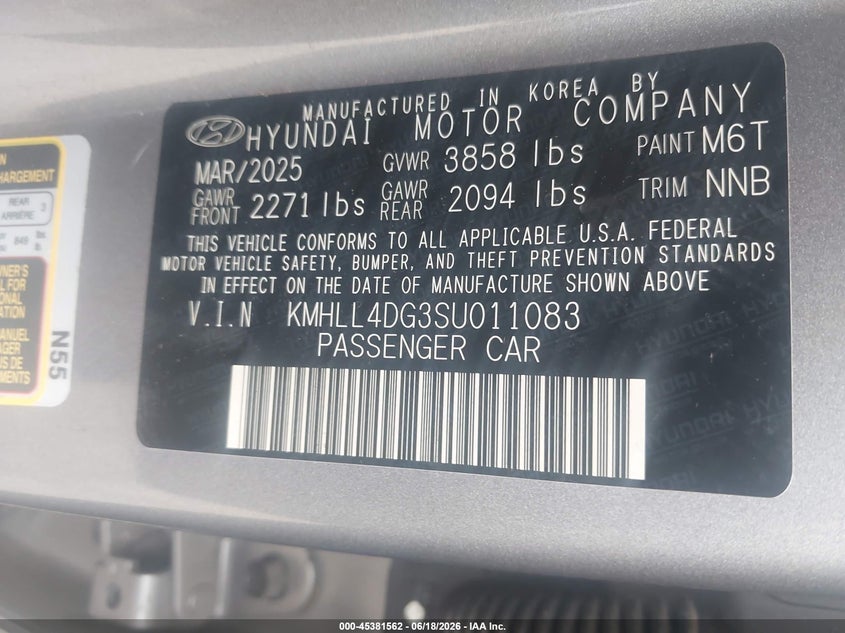 2025 Hyundai Elantra VIN KMHLL4DG3SU011083 IAAI salvage auction — FRONT END, Salvage Title, sold $4,400 on 2026-07-17 (photo 9)