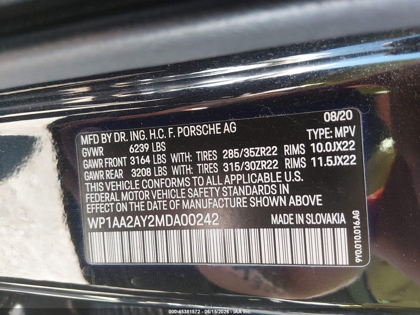 2021 Porsche Cayenne VIN WP1AA2AY2MDA00242 IAAI salvage auction — LEFT SIDE, Wait Title, sold $18,100 on 2026-09-11 (photo 9)