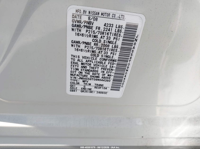 2009 Nissan Rogue sport VIN JN8AS58T09W044380 IAAI salvage auction — REAR END, Salvage (California), sold $425 on 2026-07-23 (photo 9)