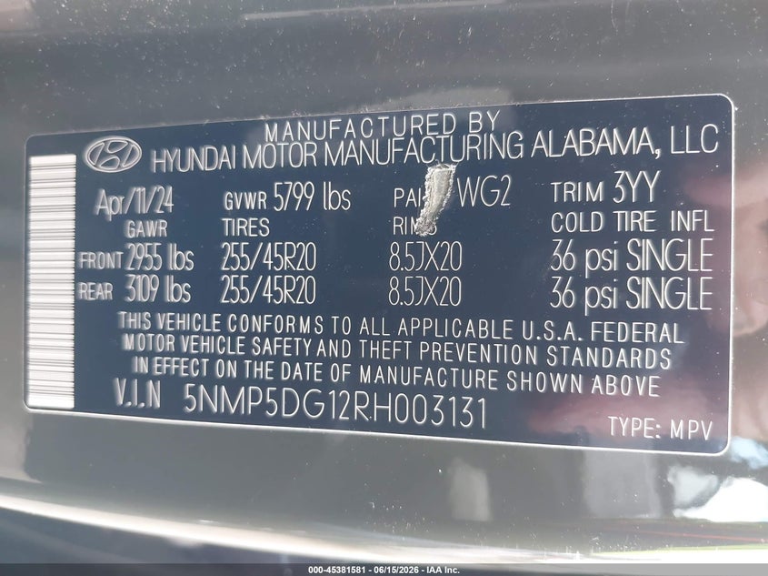 2024 Hyundai Santa fe VIN 5NMP5DG12RH003131 IAAI salvage auction — FRONT END, Salvage (Virginia), sold $7,200 on 2026-07-28 (photo 9)