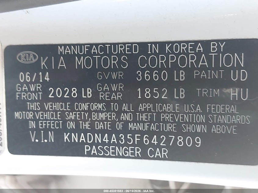 2015 Kia Rio VIN KNADN4A35F6427809 IAAI salvage auction — REAR END, Salvage (Georgia), sold $25 on 2026-07-23 (photo 9)