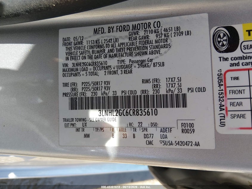 2012 Lincoln Mkz VIN 3LNHL2GC6CR835610 IAAI salvage auction — RIGHT FRONT, Salvage (Kansas), sold $225 on 2026-07-31 (photo 9)