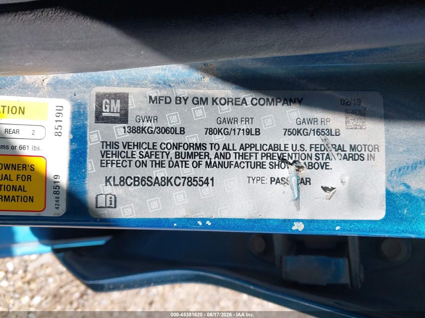 2019 Chevrolet Spark VIN KL8CB6SA8KC785541 IAAI salvage auction — LEFT & RIGHT, Original (Texas), sold $975 on 2026-07-28 (photo 9)