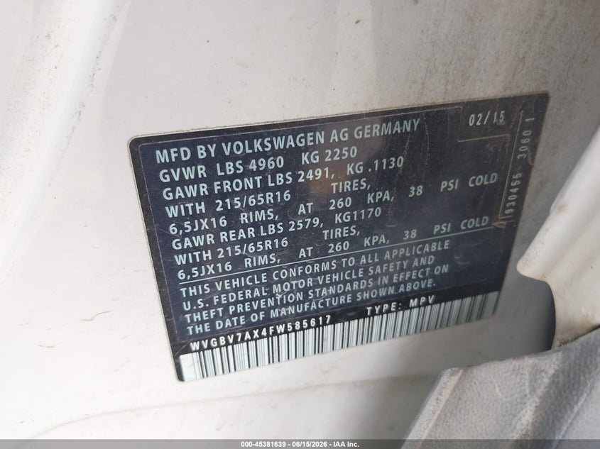 2015 Volkswagen Tiguan VIN WVGBV7AX4FW585617 IAAI salvage auction — NORMAL WEAR, Clear (Texas), sold $1,800 on 2026-07-16 (photo 9)