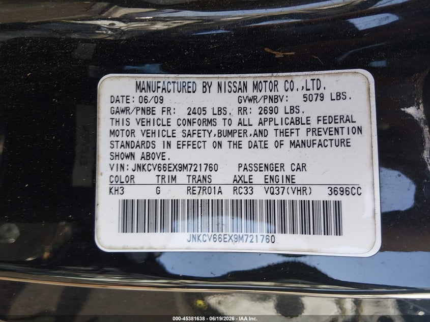 2009 Infiniti G VIN JNKCV66EX9M721760 IAAI salvage auction — REAR END, Salvage (Louisiana), sold $25 on 2026-07-27 (photo 9)