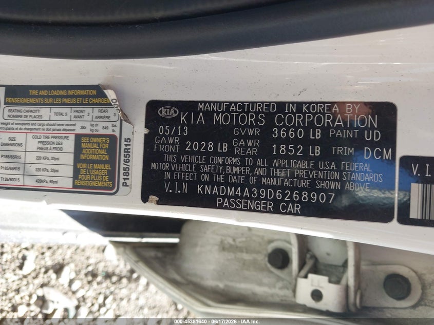 2013 Kia Rio VIN KNADM4A39D6268907 IAAI salvage auction — NORMAL WEAR, Clear (Pennsylvania), sold $600 on 2026-07-07 (photo 9)
