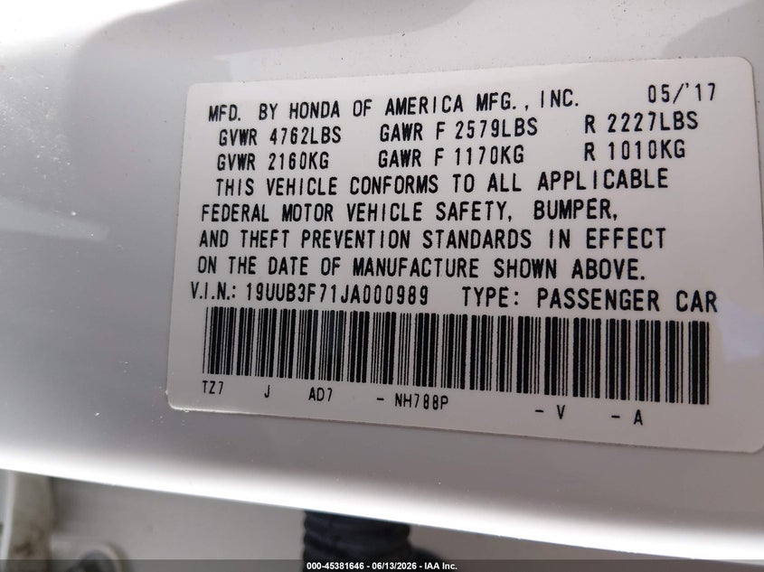 2018 Acura Tlx VIN 19UUB3F71JA000989 IAAI salvage auction — FRONT END, Salvage (Kansas), sold $2,950 on 2026-07-24 (photo 9)