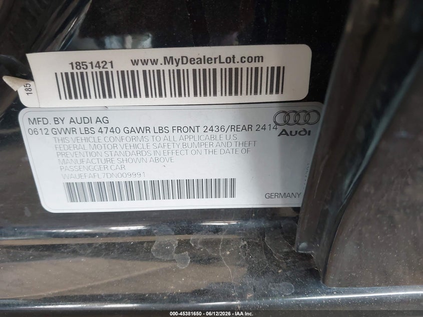 2013 Audi A4 VIN WAUEFAFL7DN009991 IAAI salvage auction — FRONT END, Restored (Arizona), sold $1,850 on 2026-07-14 (photo 9)