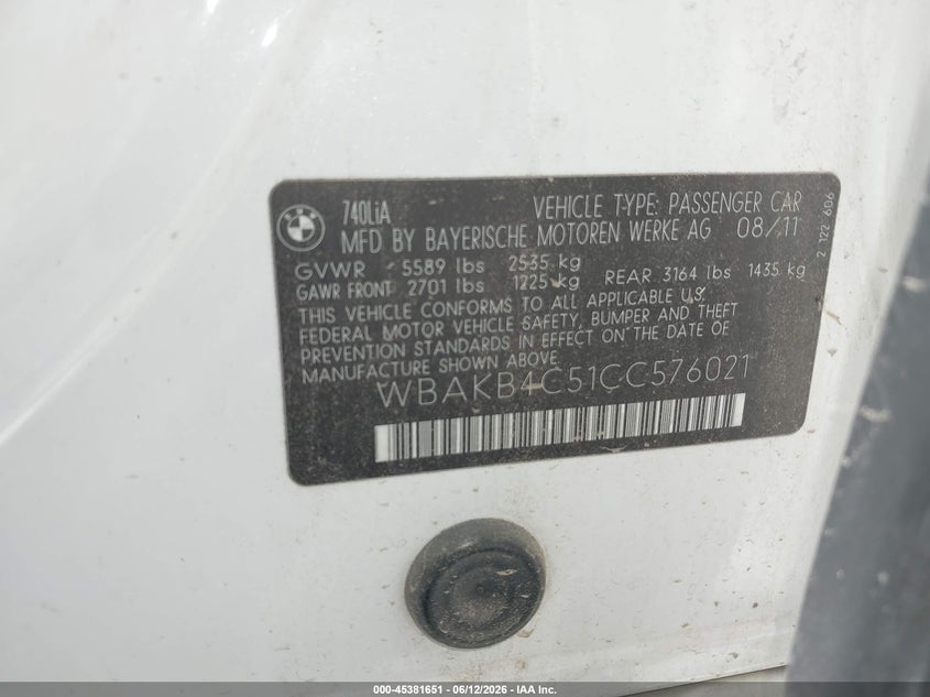 2012 BMW 7 series VIN WBAKB4C51CC576021 IAAI salvage auction — FRONT END, Regular (Nevada), sold $675 on 2026-07-30 (photo 9)