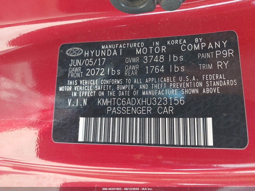 2017 Hyundai Veloster VIN KMHTC6ADXHU323156 IAAI salvage auction — SIDE, Clear (Arizona), sold $1,650 on 2026-07-16 (photo 9)