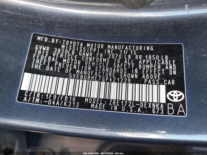 2016 Toyota Corolla VIN 5YFBURHE7GP421229 IAAI salvage auction — FRONT END, Salvage (Illinois), sold $2,600 on 2026-08-02 (photo 9)