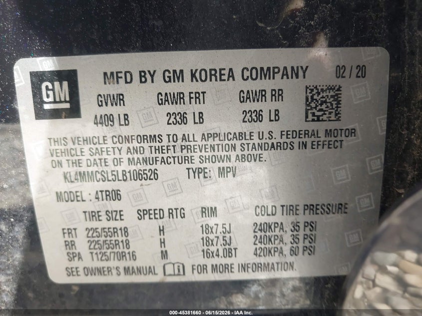 2020 Buick Encore gx VIN KL4MMCSL5LB106526 IAAI salvage auction — ROOF, Junk Bill Of Sale Mv2459 (Wisconsin), sold $825 on 2026-07-30 (photo 9)